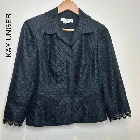 Stunning Kay Unger Black Blazer Lightweight  Fall Lace Bows - Picture 1 of 14